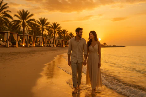 A couple walks hand-in-hand on a sandy beach at sunset with palm trees and illuminated cabanas in the background.