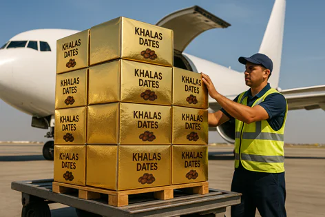 Worker in safety vest loads golden boxes labeled Khalas Dates onto a pallet cart near an airplane with its cargo door open on an airport tarmac.