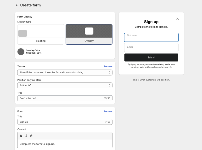 Shopify Forms editor