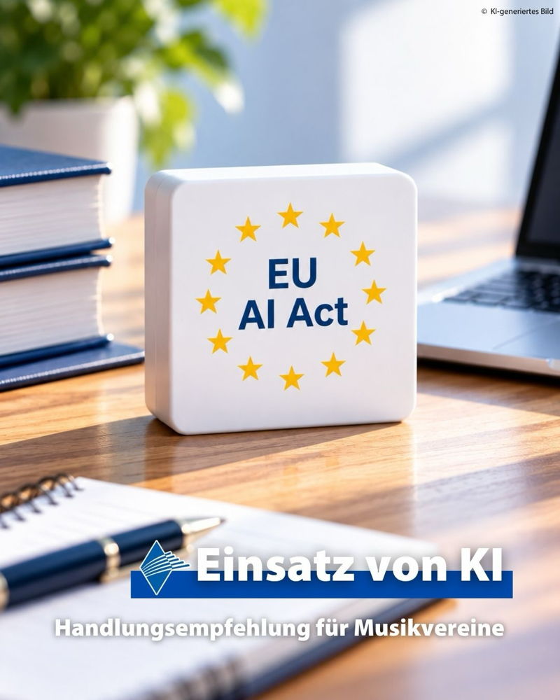 ℹ️ Einsatz von KI - Handlungsempfehlung für Musikvereine ℹ️

Der EU AI Act (EU-KI-Verordnung) ist der europäische Rechtsrahmen für Künstliche Intelligenz. Seit dem 2. August 2026 gelten unter anderem Pflichten zur Kennzeichnung von KI-Inhalten.

Für 