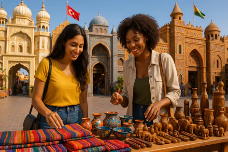 Two women browse colorful textiles, patterned pottery, and wooden animal carvings displayed at an outdoor market stall.