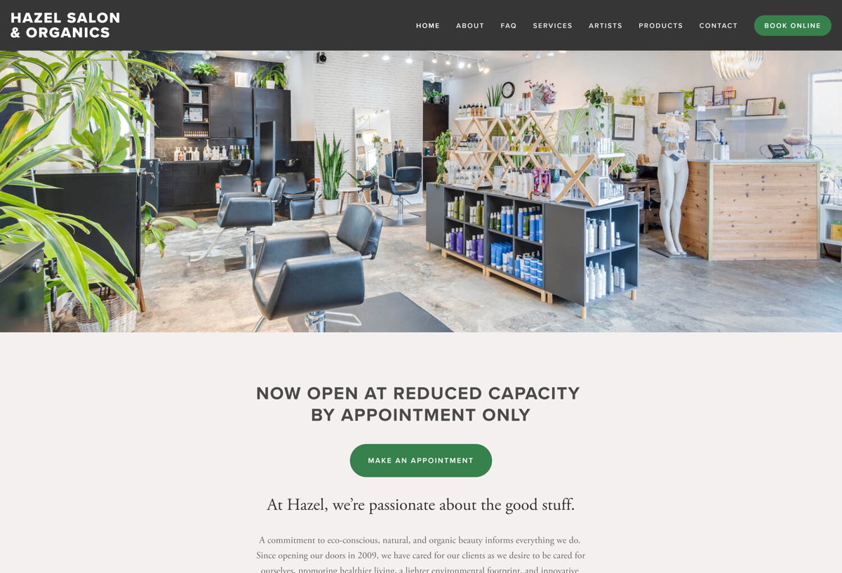 Screenshot of Hazel Salon, from the spa websites collection.