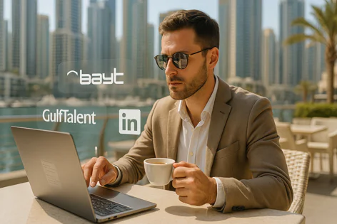 Professional man in suit jacket using laptop outdoors with coffee, overlooking Dubai skyline. Job site logos Bayt, GulfTalent, LinkedIn overlaid.