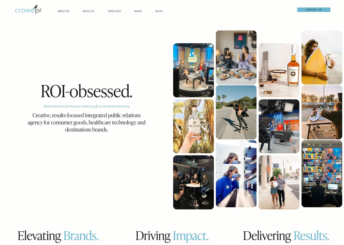 Screenshot of Crowe PR, from the pr portfolios & websites collection.