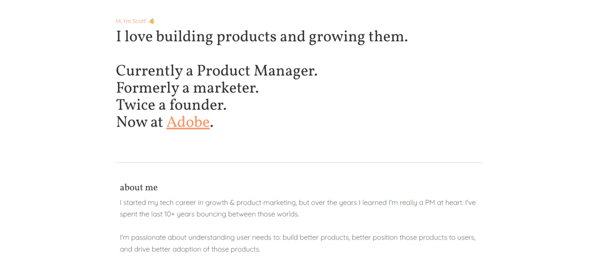 Screenshot of Scott Hanford, from the product manager portfolios collection.