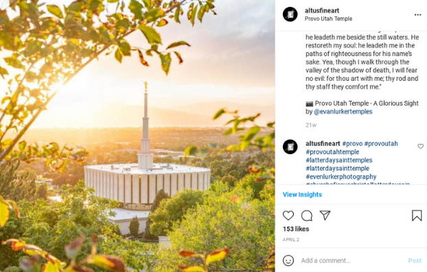 Instagram post featuring an aerial photo of the Provo Temple.