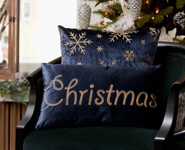 melrose Christmas snowflake pillows blue velvet with gold embroidery