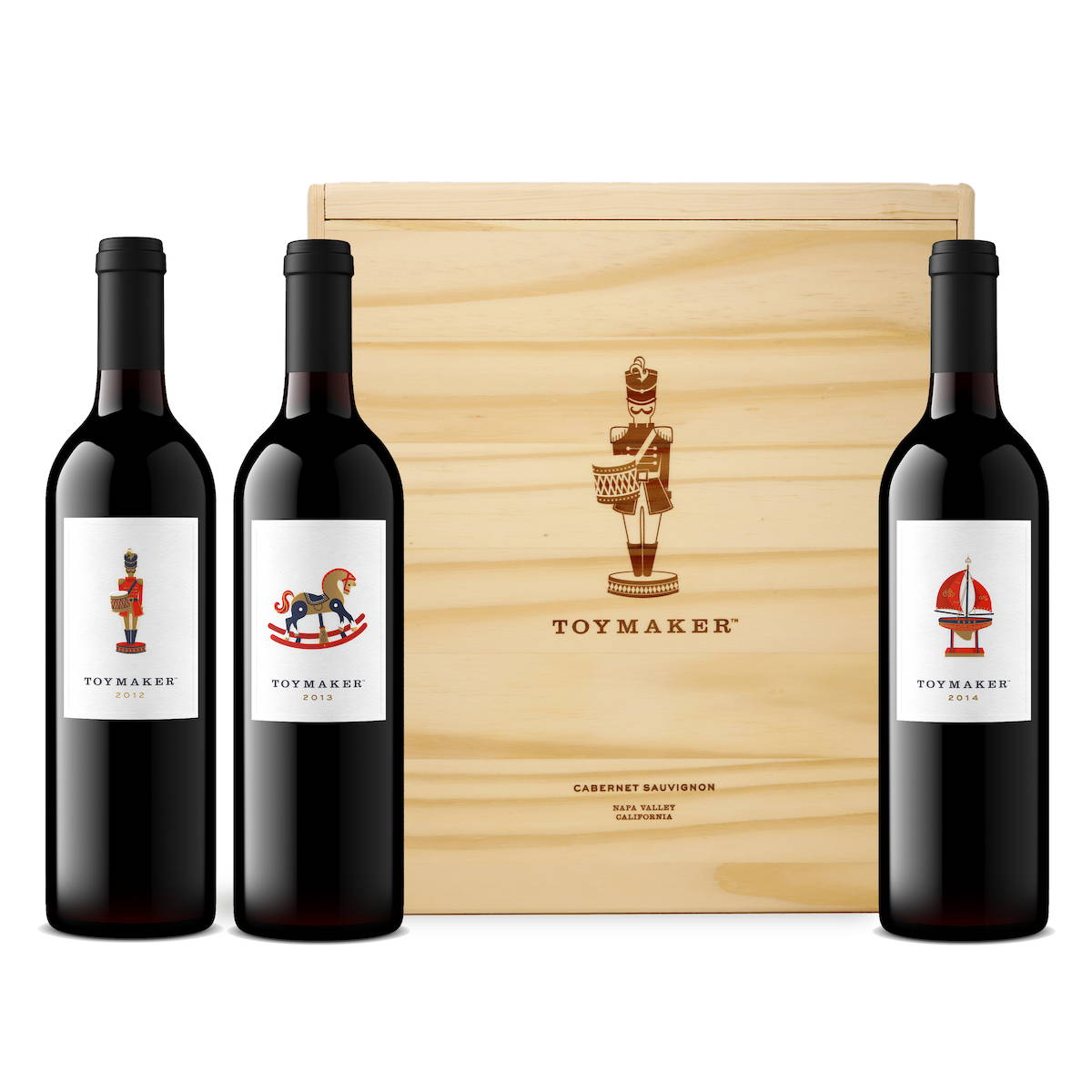 3-bottle holiday gift box vertical of ToyMaker wines with vintages 2012-2015 by ToyMaker Cellars Cabernet Sauvignon, Red Wine, Napa Valley, California, made by winemaker Martha McClellan of Sloan Estate, Checkerboard Vineyards, Levy & McClellan, and formerly of Harlan Estate. Best Napa Valley Grand Cru red wines.