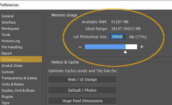 Photoshop preferences performance allocate Memory useage make it run faster