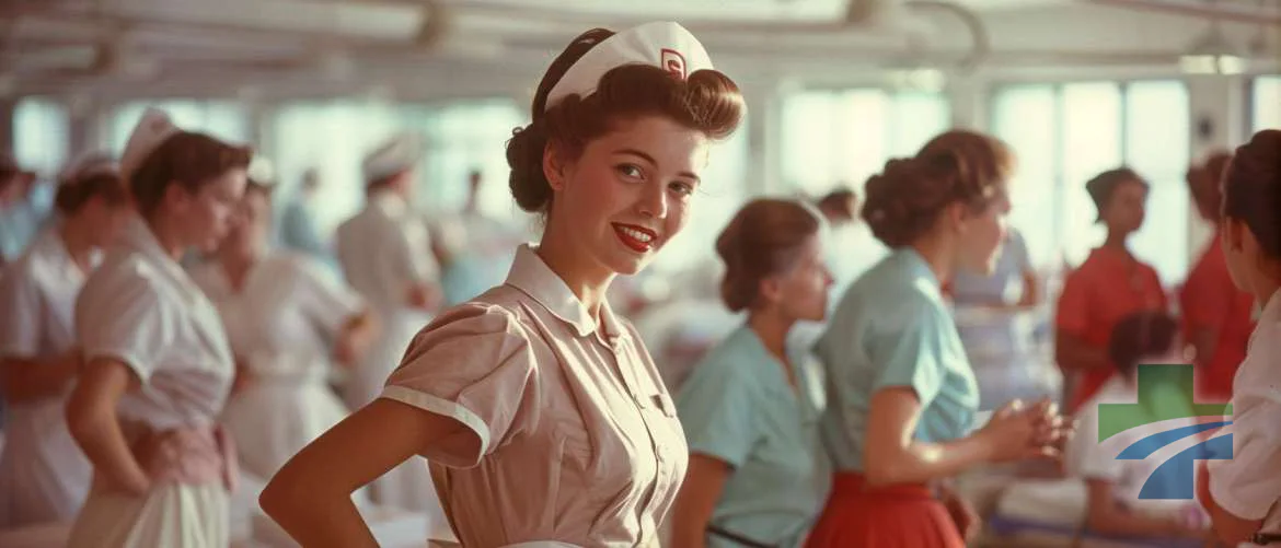 Vintage-dressed nurse in a 1950s hospital ward smiling at an elderly patient
