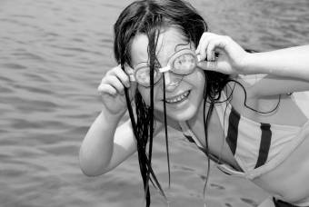 Swimmer with fogged swim goggles
