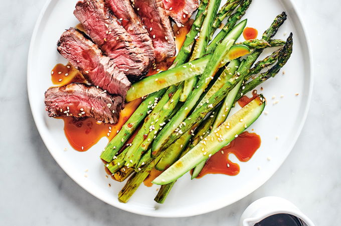 Steaks with Grilled Asparagus and Tamari Dressing