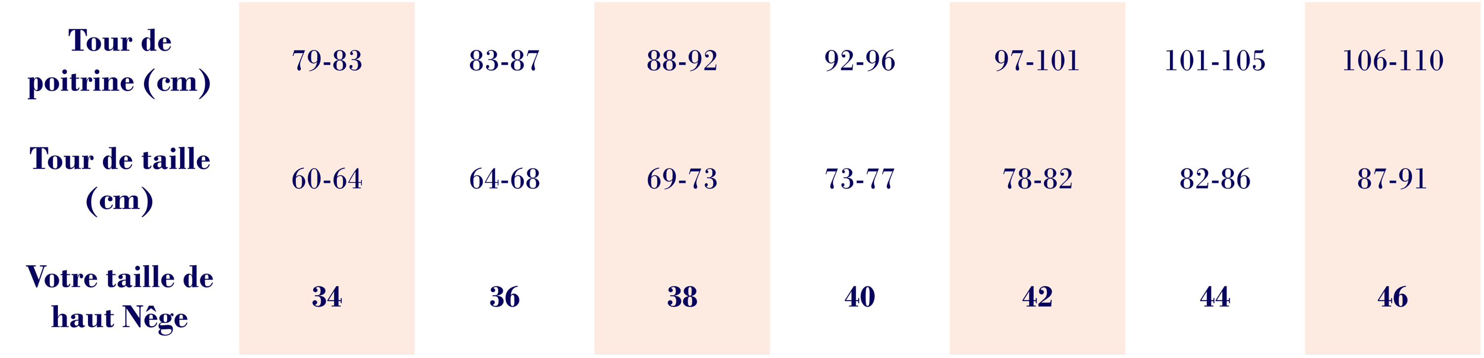 Nêge Paris – Tableau de mesures des tailles de chemise de pyjama