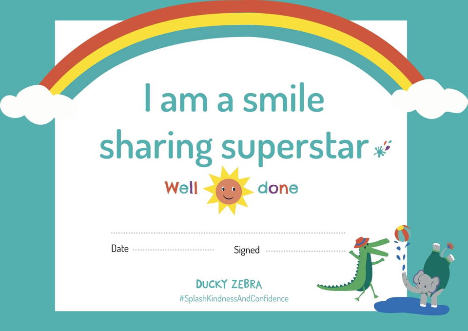 Image of certificate with text stating "I am a smile sharing superstar". The certificate has a rainbow at the top and a crocodile and elephant playing together at the bottom