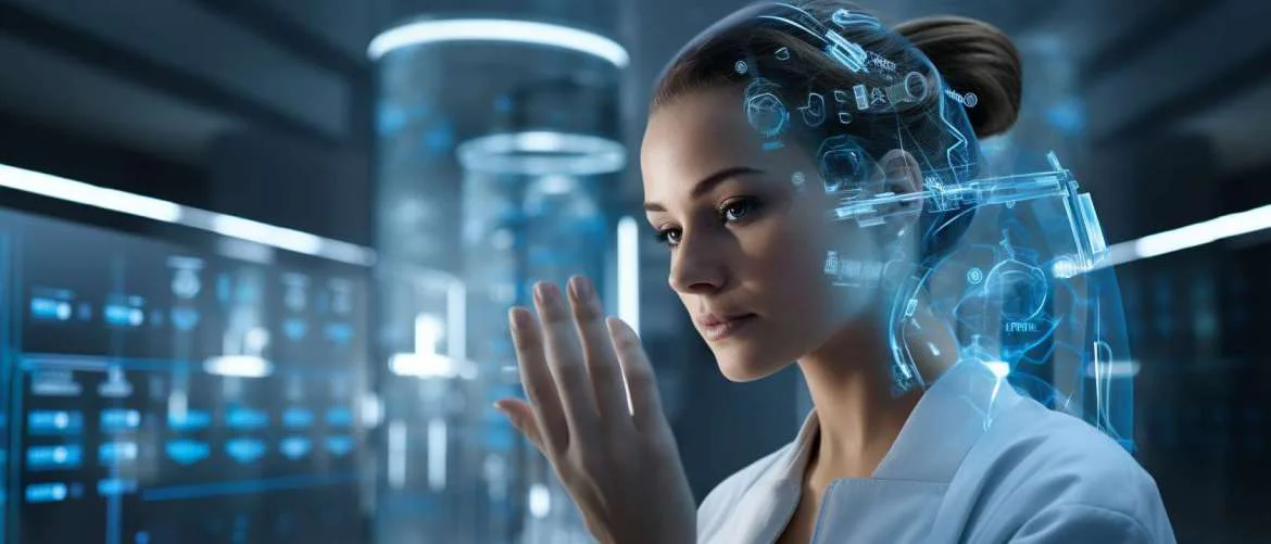 Nurse engaging with futuristic AI for mental health support.