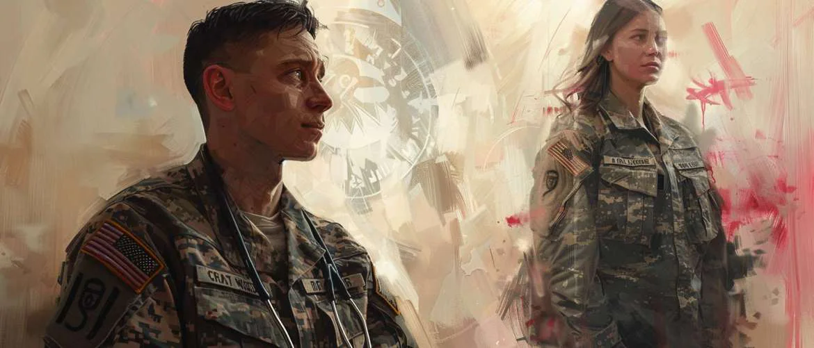 Artistic depiction of a medic's journey from battlefield to clinic.