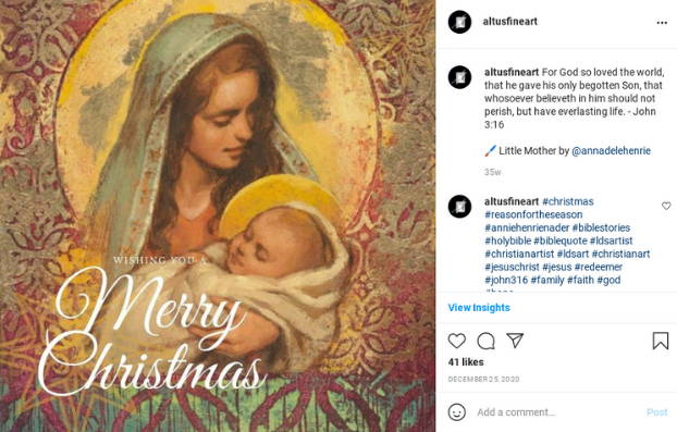 Instagram post featuring a painting of Mary holding the baby Jesus.