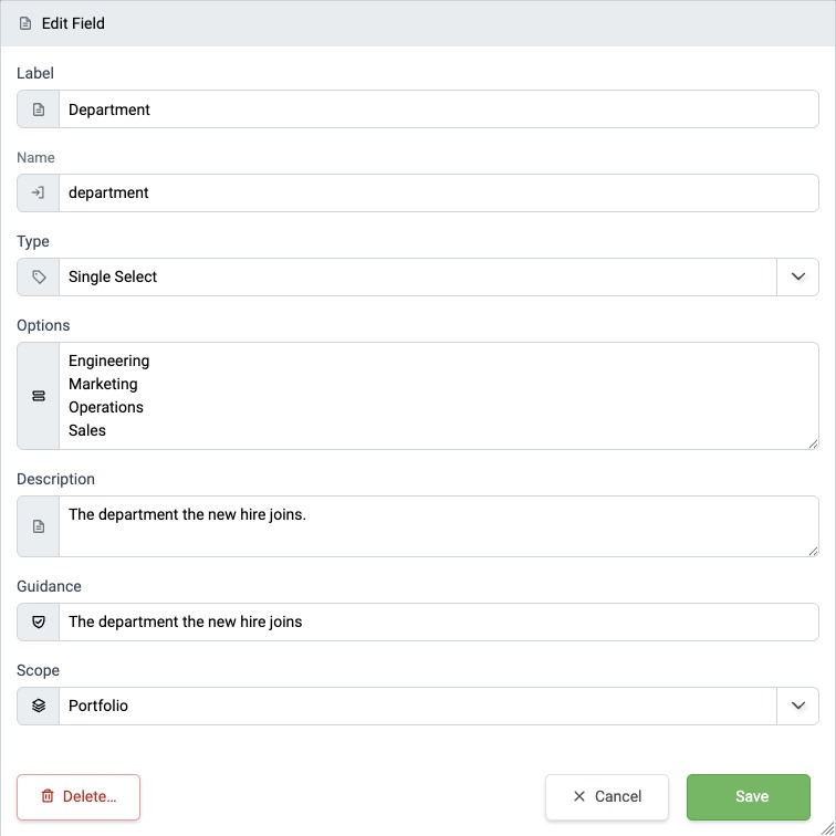 Edit Field dialog for a Single Select Field