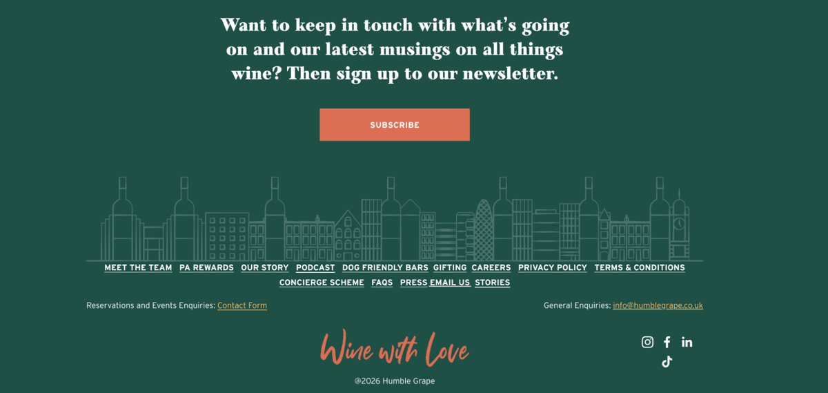 Screenshot of Humble Grape, from the website footer designs collection.
