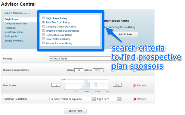 Advisor Central allows RIAs to search for prospective plan sponsors based on various criteria.