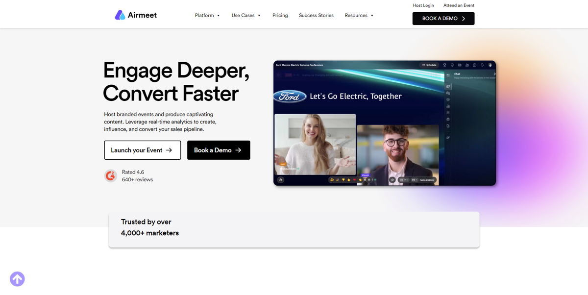 Screenshot of Airmeet, from the saas websites collection.