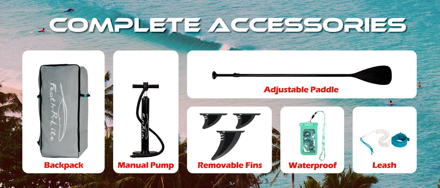 Your Koi inflatable stand up paddle board will come with complete accessories in Canada: backpack, manual pump, adjustable paddle, removable fins, waterproof phone pouch, leash