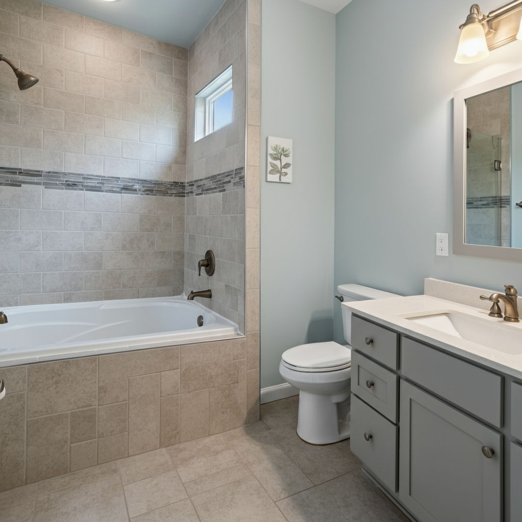 After: The same bathroom completely renovated with proper waterproofing and modern fixtures. New porcelain tile with professional grout work surrounds the shower area. Moisture-resistant drywall and proper ventilation have been installed, addressing the previous water damage issues that would have concerned inspectors.