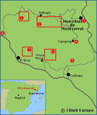 Map of the rock climbing areas around Montserrat