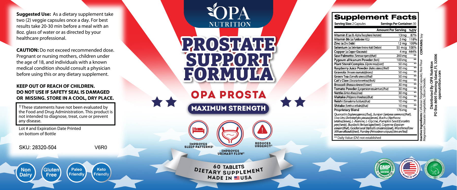 OPA NUTRITION PROSTATE SUPPLEMENT LABELS and DIRECTIONS