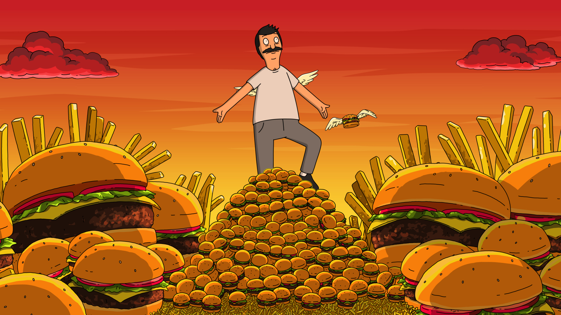 Bob standing confidently on a pile of burgers surrounded by fries in a daydream.