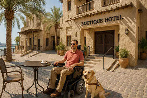 Man in a powered wheelchair and his yellow Labrador guide dog sit at an outdoor table near an accessible boutique hotel entrance.