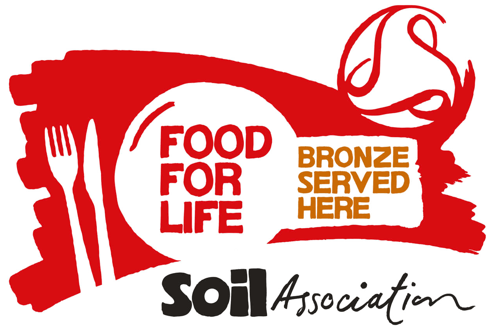 Red and white logo with a fork and knife, the words “FOOD FOR LIFE” in a circle, “BRONZE SERVED HERE” in a gold box, and “Soil Association” in black script below.