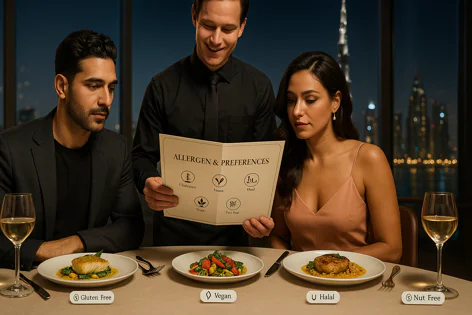 Couple and server reviewing an allergen and dietary preferences menu at a restaurant table with various food options and a city view at night.