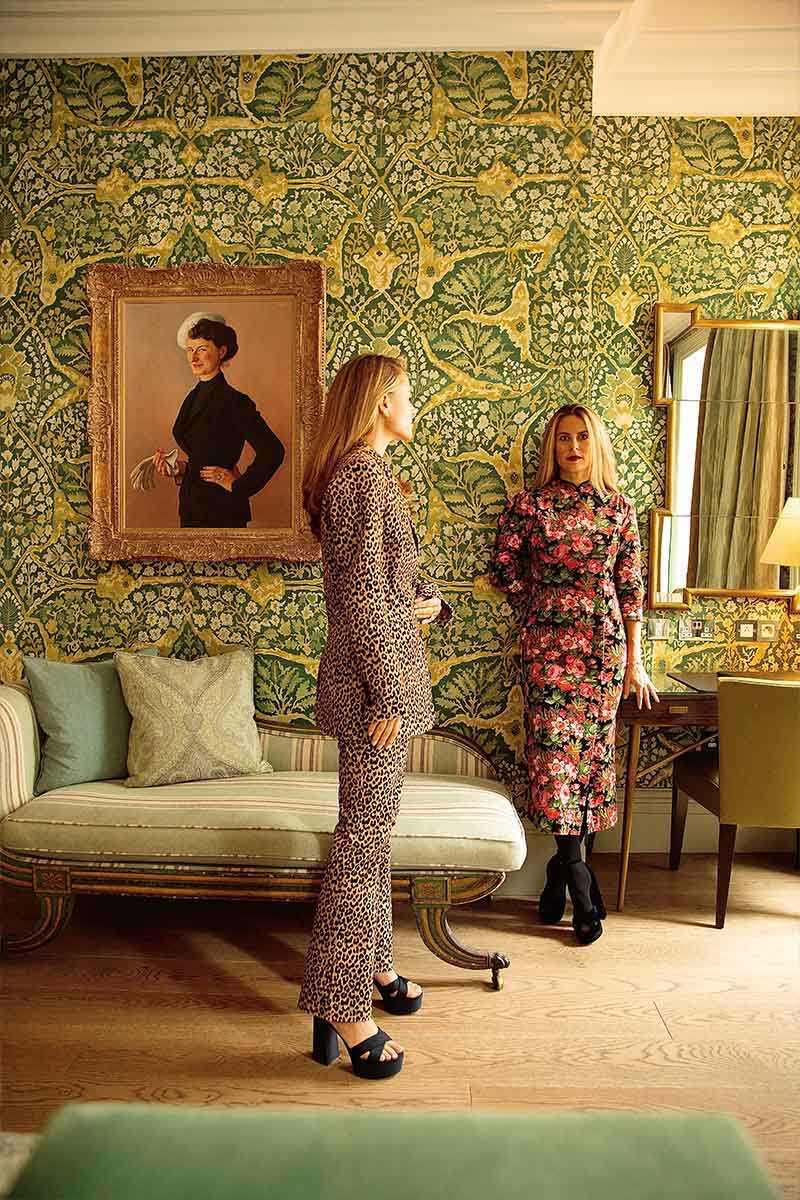 Lydia and Irene Forte wear YOLKE's Leopard Print Suit and Wild Roses Alexa Dress