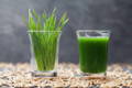 two shot glasses, one holding fresh wheat grass clippings and the other with dark green wheat grass juice