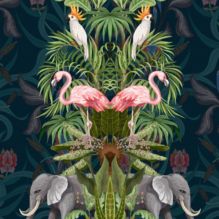 green & blue maximalist tropical wallpaper pattern image