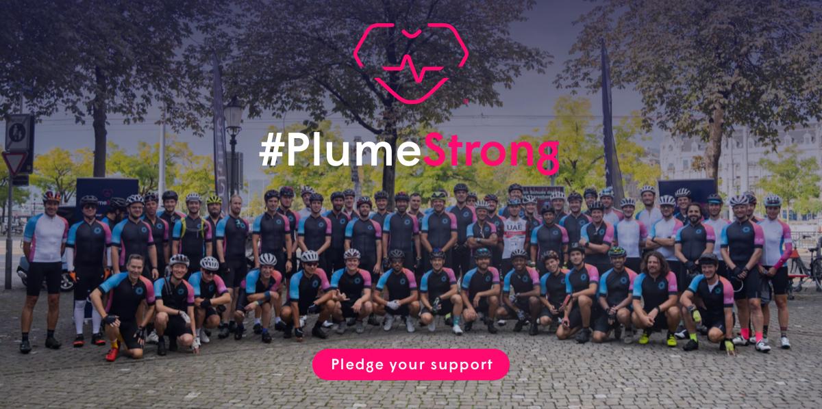 Banner with a photograph of cyclists at Plume Strong event with #PlumeStrong logo and a button that reads "Pledge your support". The banner is clickable.