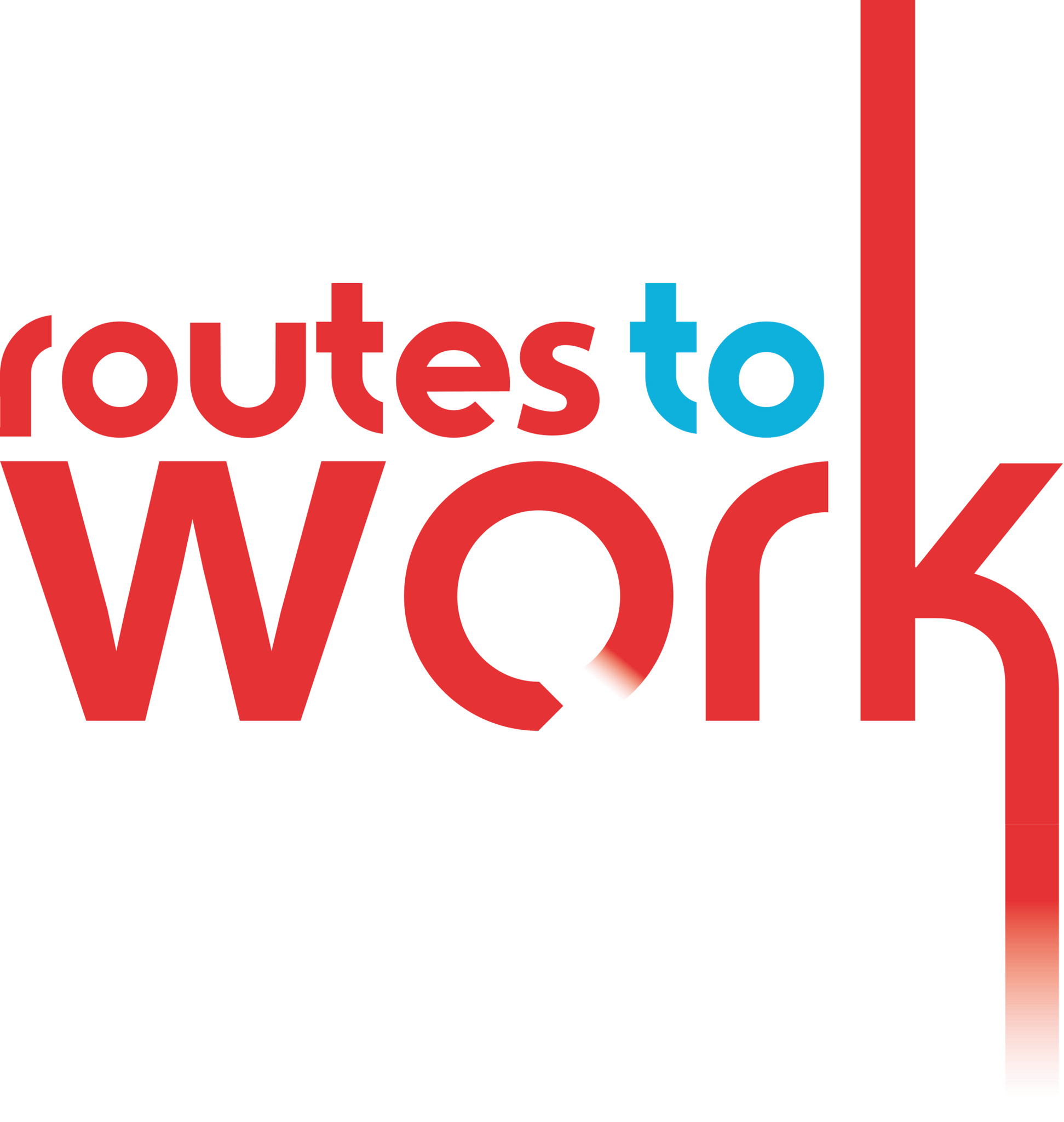The image shows the routes to Work logo, with routes and Work in red lowercase letters and to in blue lowercase letters. The letter k in Work extends downward as a vertical red line.