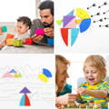 A family of four playing with different colorful Montessori Magnetic Tangram Book puzzles. 