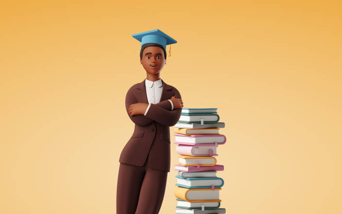 A 3D cartoon Black businesswoman wearing a graduation cap and leaning on a tall stack of books for Confetti's Virtual Celebrate Black History