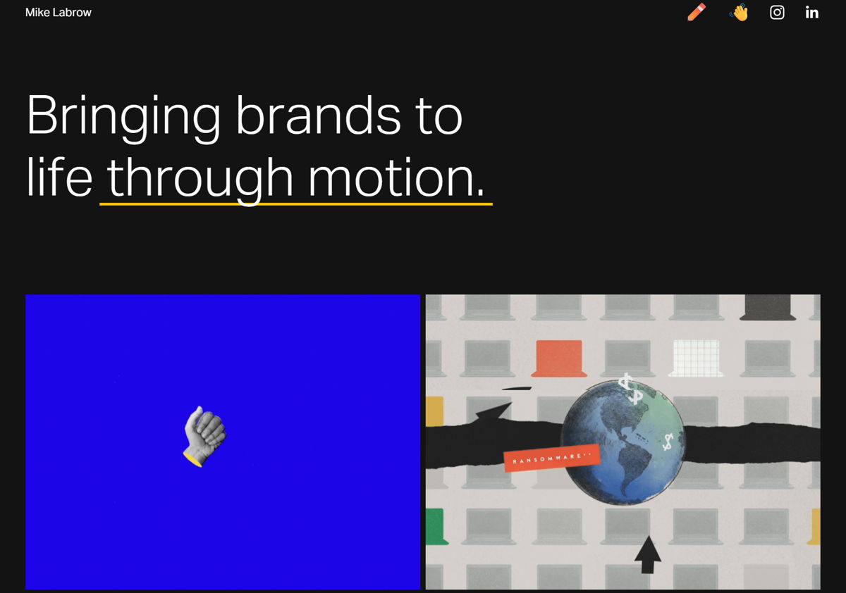Screenshot of Mike Labrow, from the motion design portfolios collection.