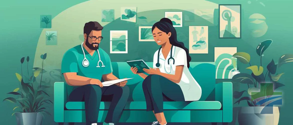 Nurse discussing digital records with patient, surrounded by eco-friendly practices