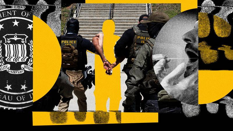 Photo collage with the FBI logo, ICE agents taking a man with handcuffs, a person being tested with a cotton swab, and scans of fingerprints.