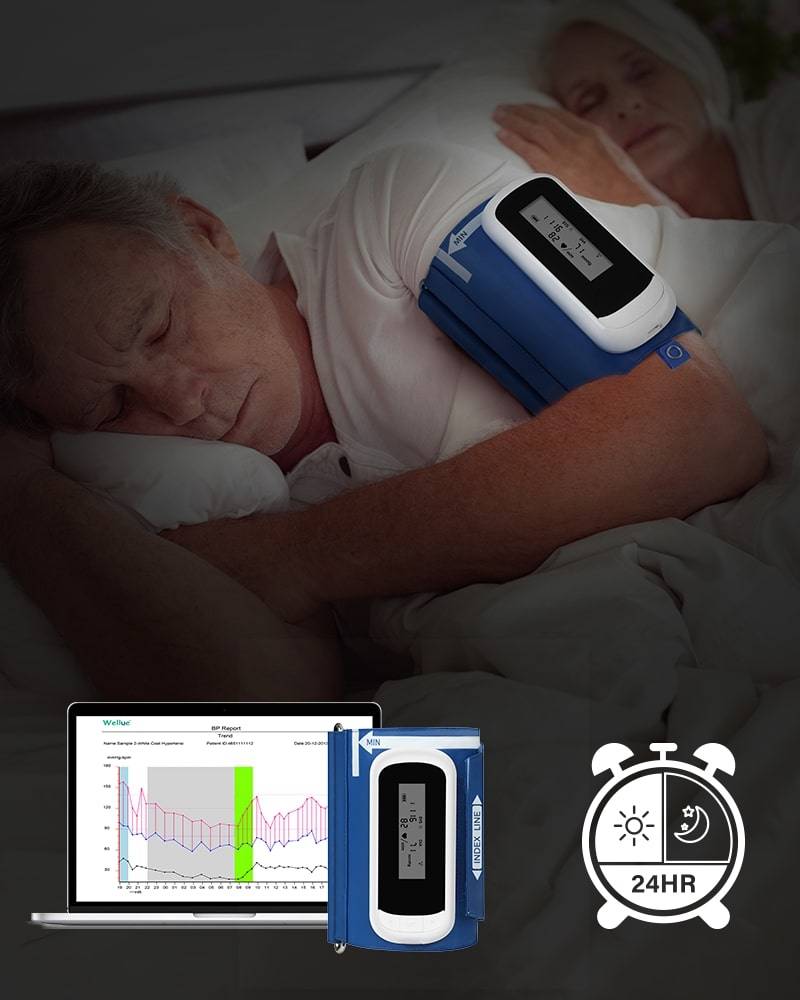 a man wearing 24-hour ambulatory blood pressure monitor during sleep