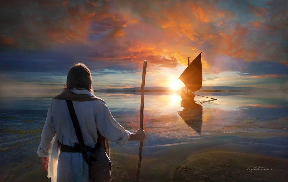 Jesus standing on the shore while the sun rises against a fishing boat.
