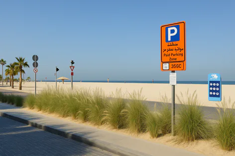 Orange and blue paid parking zone sign 35GC on a beach with sand, walkway, palm trees, and a payment kiosk under a sunny sky.