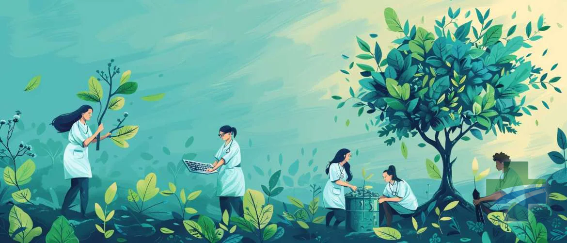 Montage illustration of nurses engaging in eco-conscious activities.