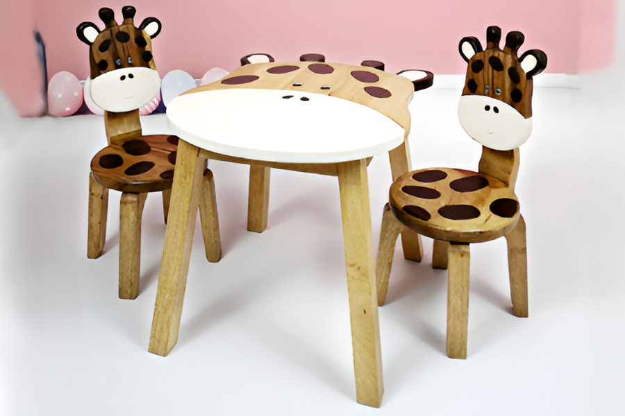 Kids Wooden Table + 2 Chairs Set Giraffe Design Carved Timber Children Furniture