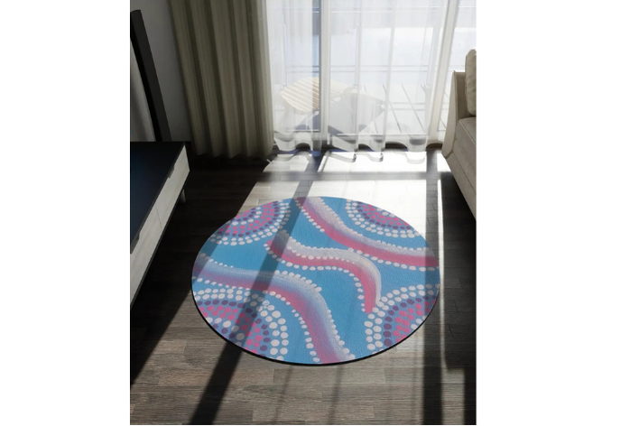 Indigenous Dot Wave Pattern Round Rug | Blue Pink Circular Floor Mat - Image 3