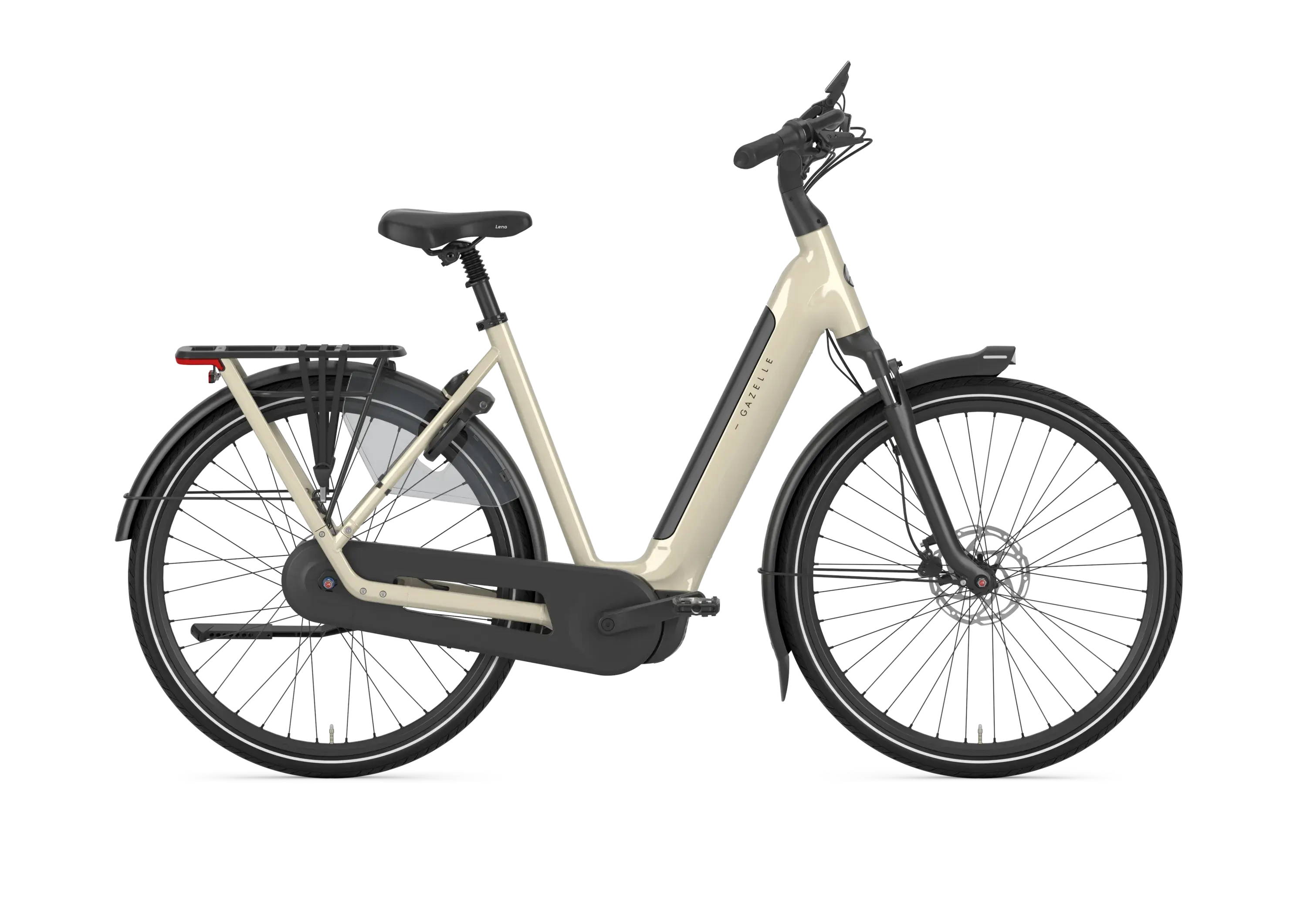 Vélo de ville électrique Gazelle Grenoble C5 beige avec moteur central Bosch et porte-bagages, vu de profil